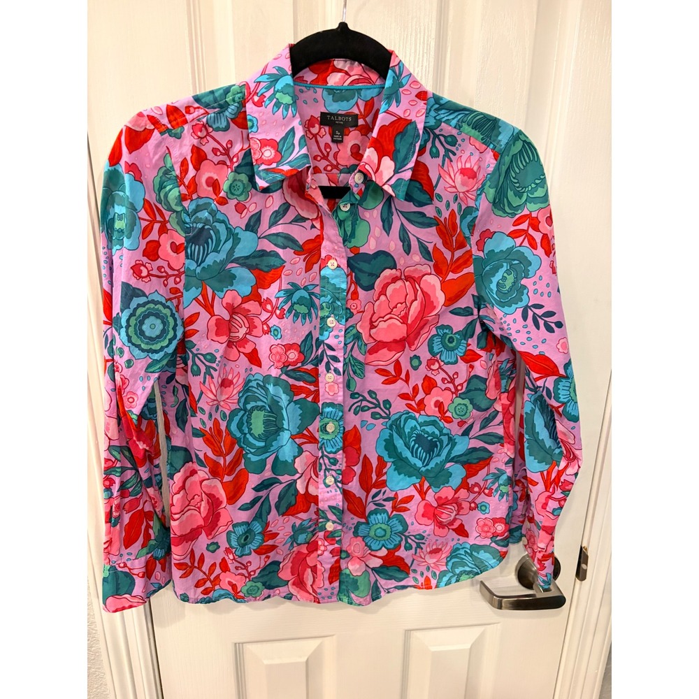 Talbots Button Down Shirt Pink Floral Cotton Petite Long Sleeve Blouse Top